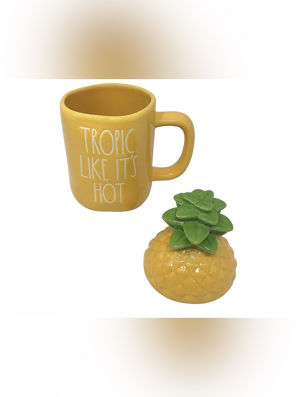 Rae Dunn coffee mug tropical pineapple-shaped ceramic lid "TROPIC LIKE IT'S HOT" - Picture 2 of 5
